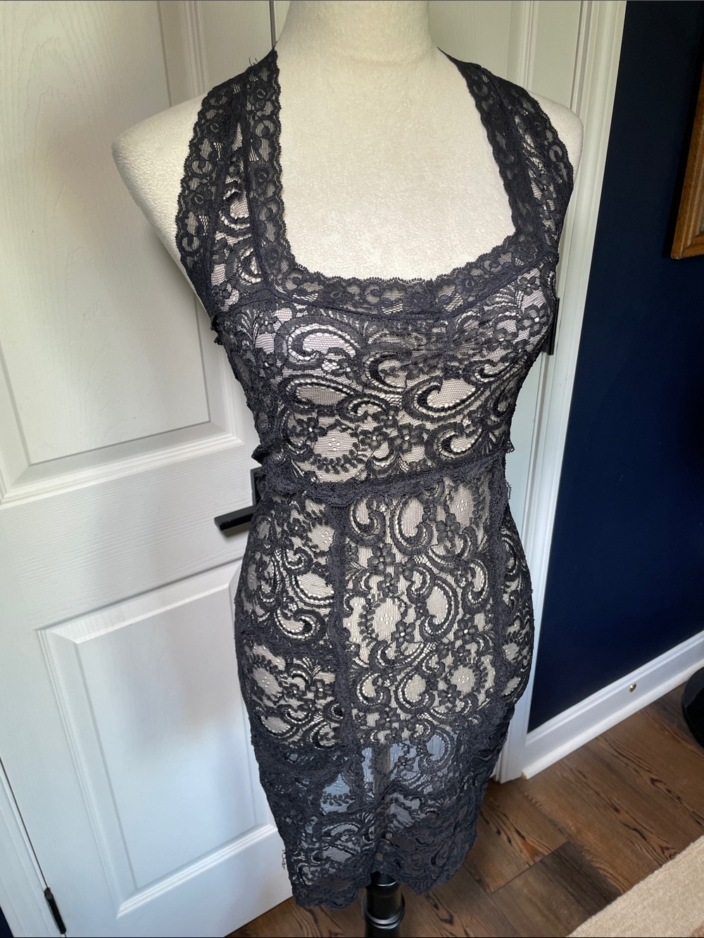 NWT Nicole Miller "Pretty Woman" Black Lace Sheer Stretch Cocktail Dress Size P